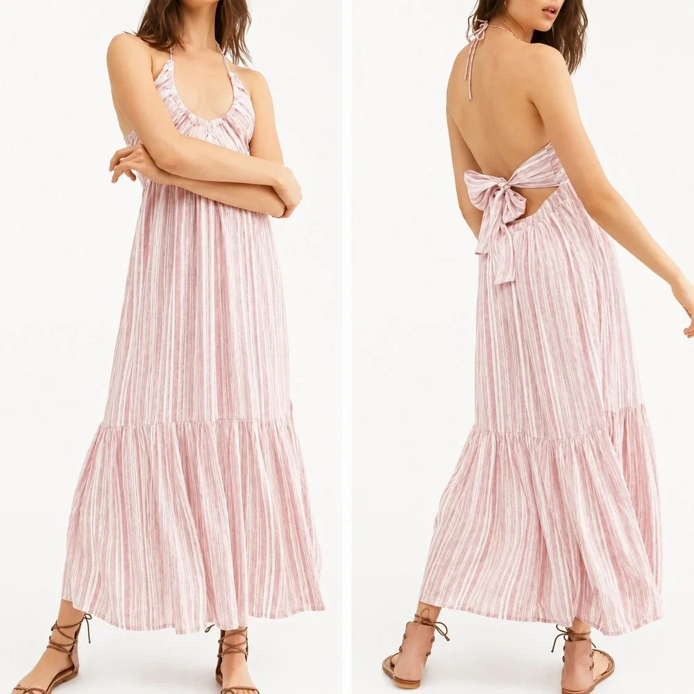 Free People Audrey Stripe Halter Maxi Dress Pink White Open Back Boho Womens XS - Picture 16 of 16